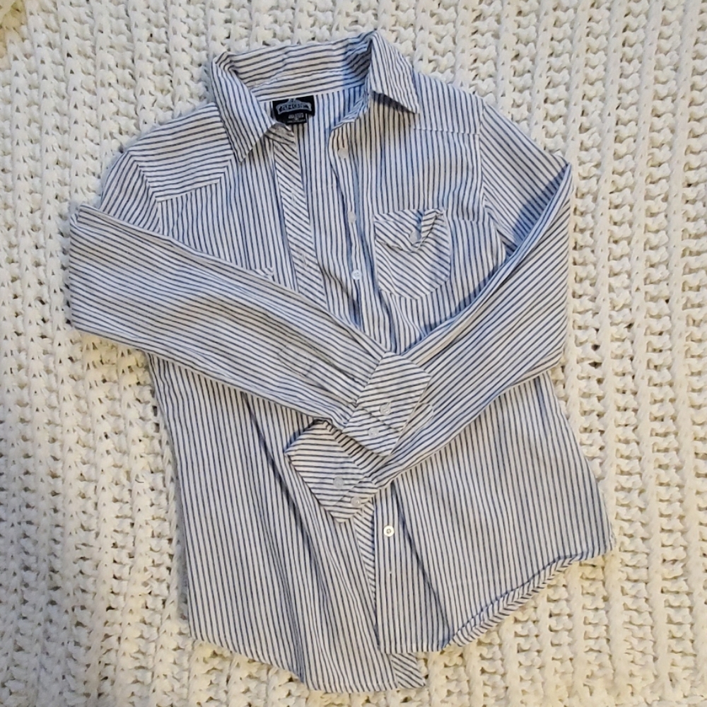 Blue and white striped button up
